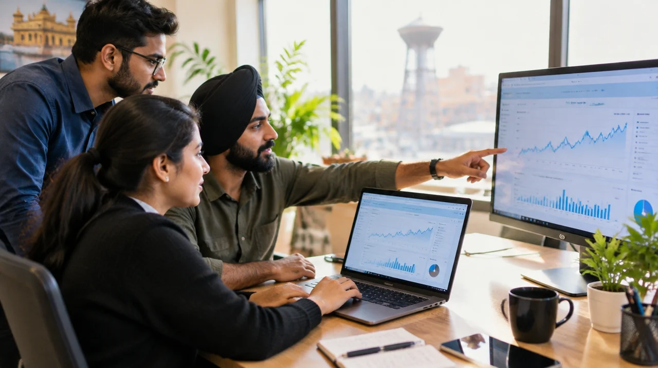 Marketing team reviewing search traffic charts in a Ludhiana office