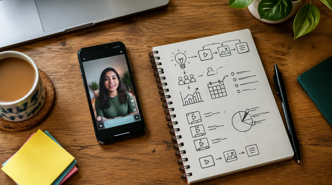 Smartphone showing a short video feed beside a social media content plan